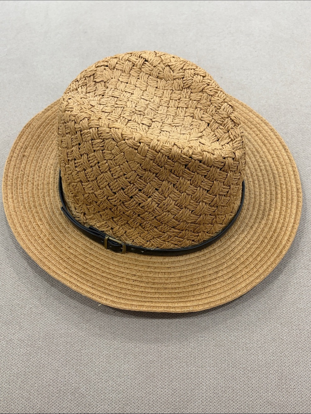 Woven Straw Fedora Hat with Black Band - Tan